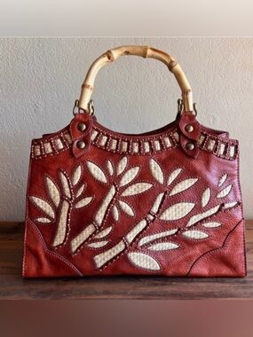 Vintage Isabella Fiore Medium Leather Beaded bag with bamboo handles